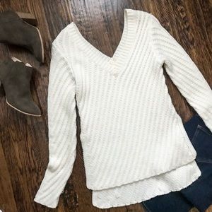 White V-Neck Pullover Cozy Sweater